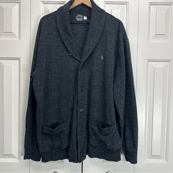 Polo Ralph Lauren Luxury Jersey Cardigan Dark Grey Mens XLT soft cotton academia - Picture 1 of 12